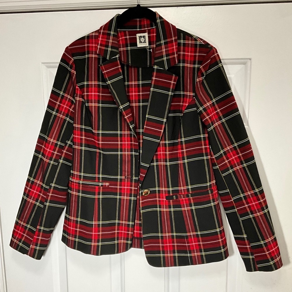 Anne Klein Women Red Black Plaid Single Button Blazer Jacket Notched Lapel